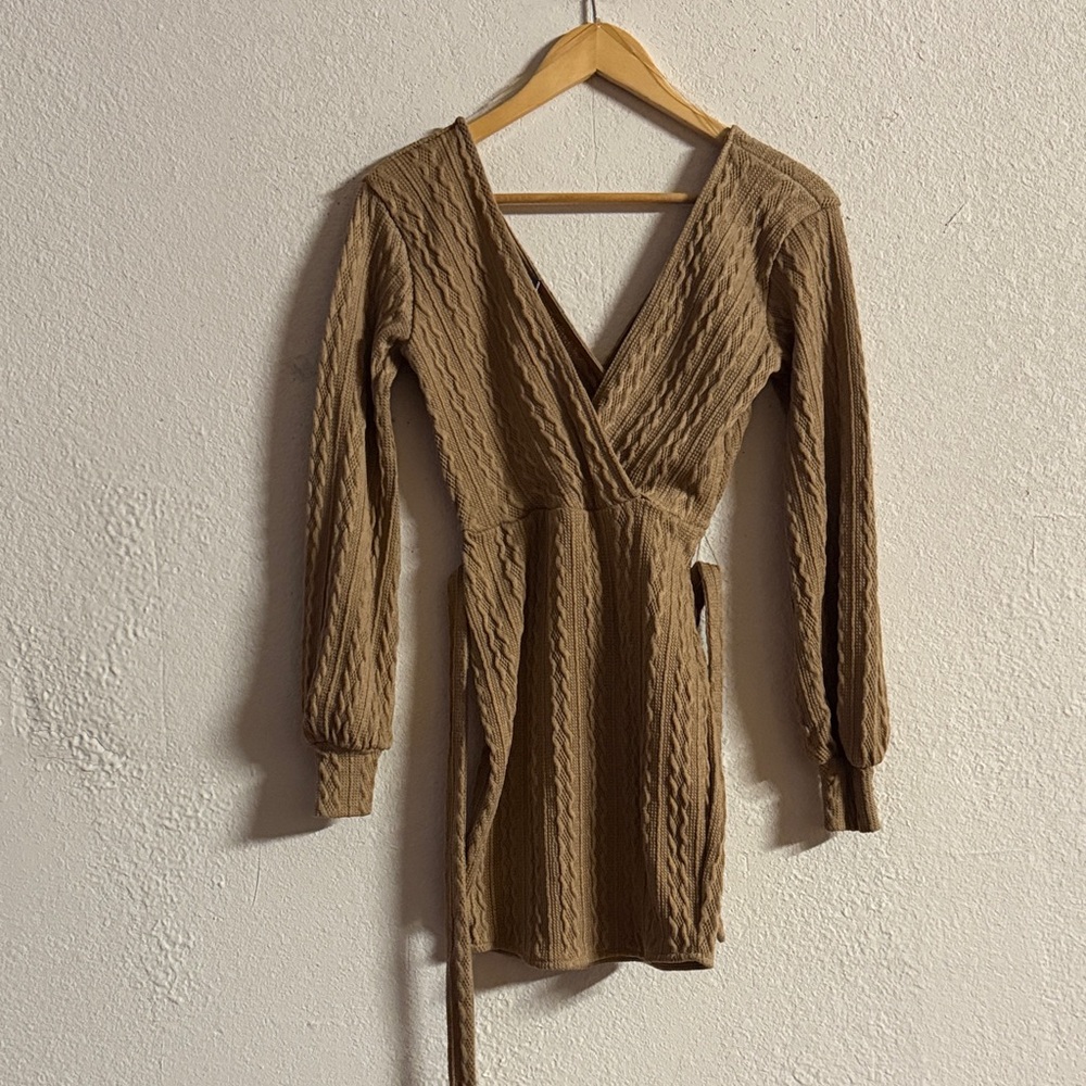 Windsor Tan Long Sleeve Wrap Dress
